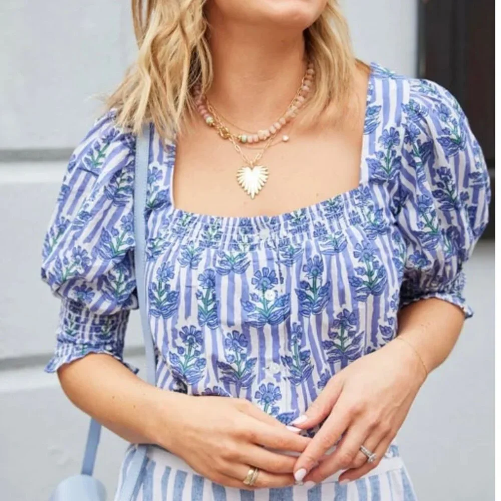 Ophelia & Indigo Mary Top XS Blue Stripe Floral Smocked Puff Sleeve - Picture 1 of 8